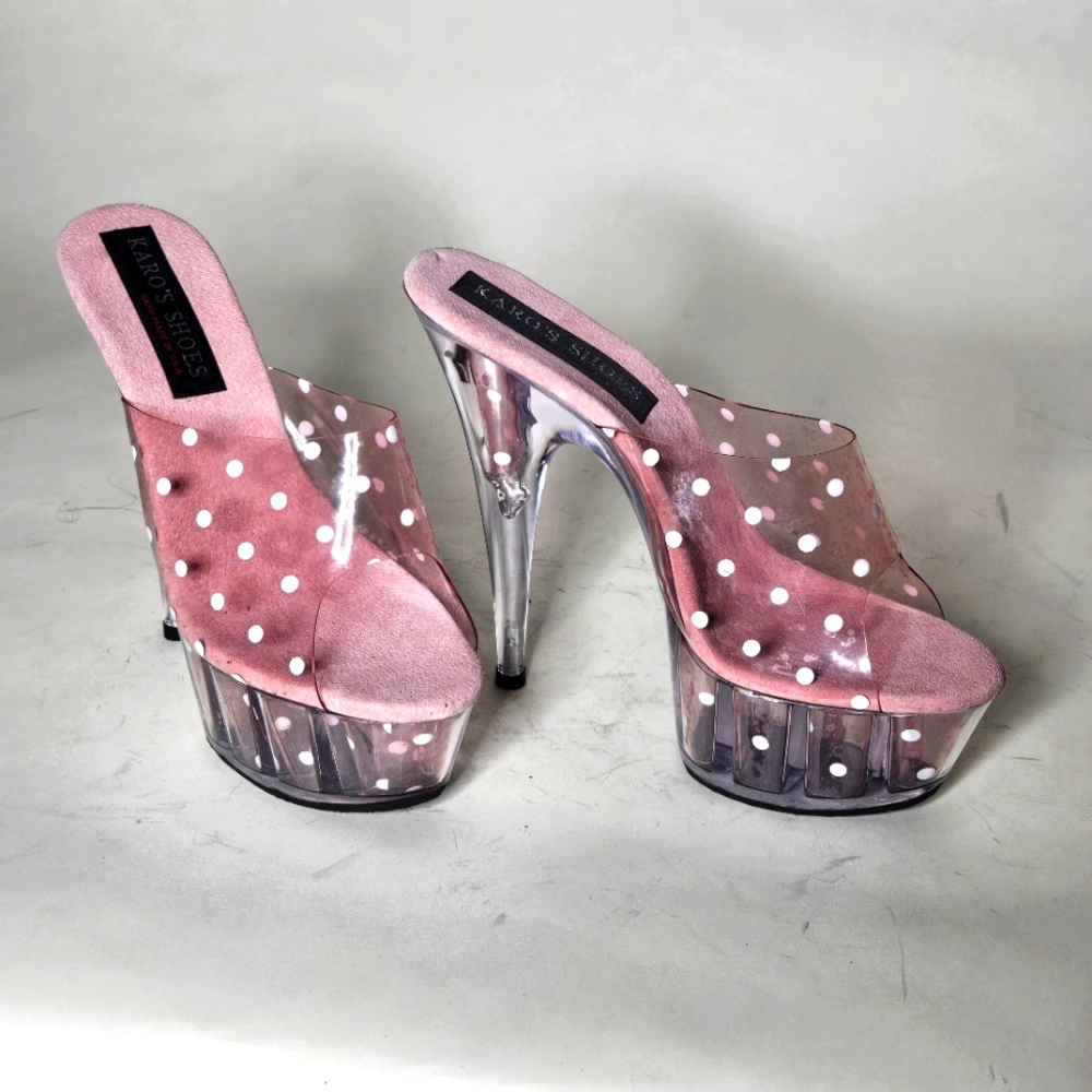 Karo's Shoes 5.5 inch, baby pink poka dots, mules. Size 6 wide